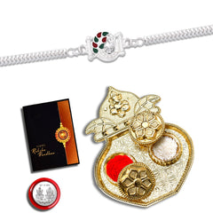 Silver Mor With Mina And Chain With Kalash Pooja Thali Set ,Silver Color Pooja Coin, Roli Chawal & Greeting Card