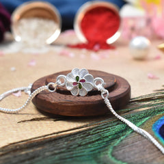 Sparkly Silver Bracelet With A Pretty Flower With Effete Assorted Chocolate 96Gm ,Silver Color Pooja Coin, Roli Chawal & Greeting Card