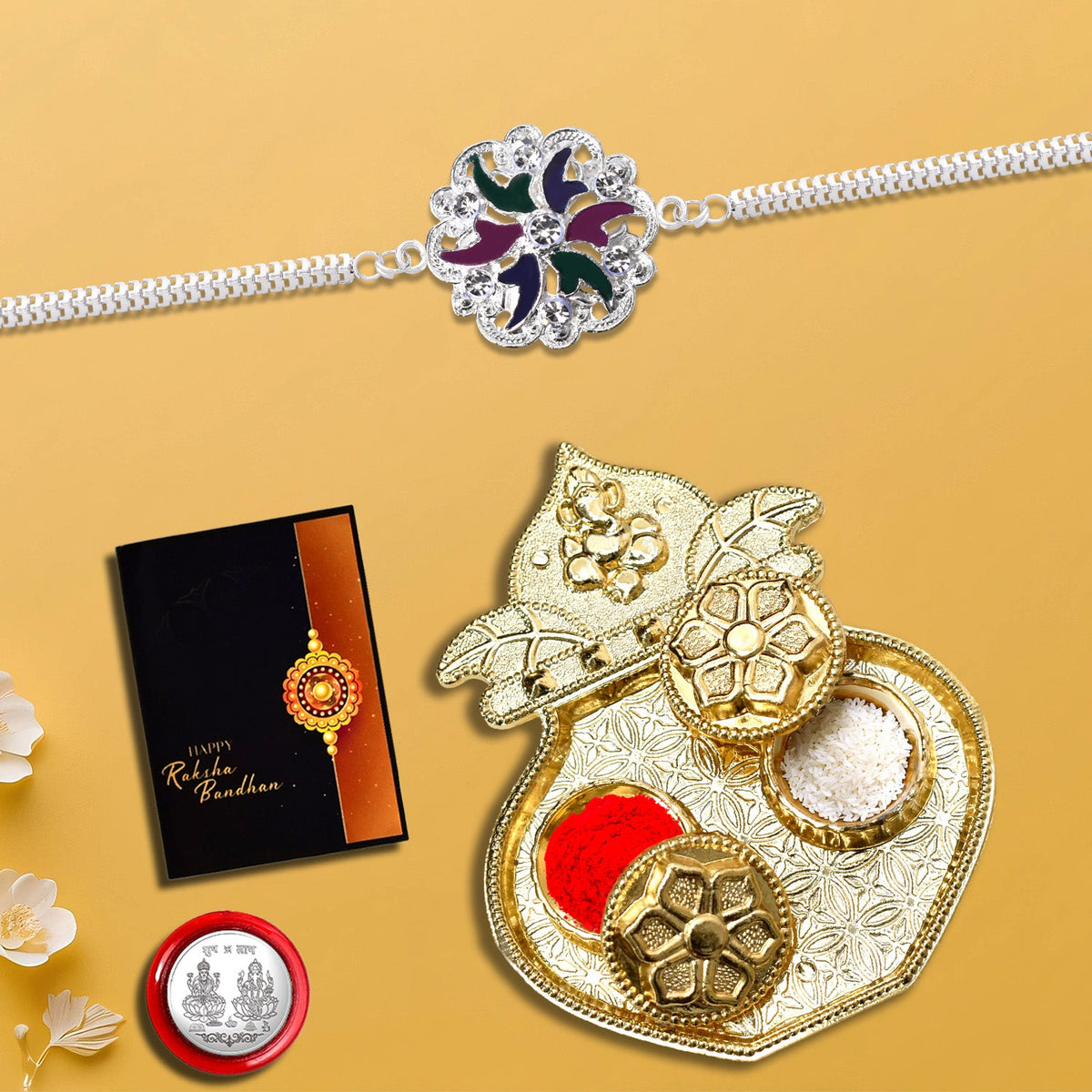 Round Traditional Mina Rakhi With Kalash Pooja Thali Set ,Silver Color Pooja Coin, Roli Chawal & Greeting Card