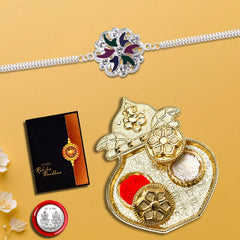 Round Traditional Mina Rakhi With Kalash Pooja Thali Set ,Silver Color Pooja Coin, Roli Chawal & Greeting Card