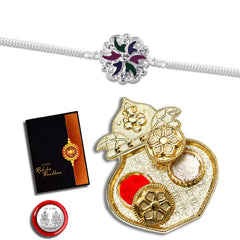 Round Traditional Mina Rakhi With Kalash Pooja Thali Set ,Silver Color Pooja Coin, Roli Chawal & Greeting Card