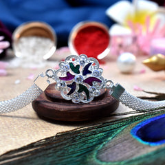 Round Traditional Mina Rakhi With Kalash Pooja Thali Set ,Silver Color Pooja Coin, Roli Chawal & Greeting Card