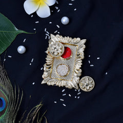 Ganesh Rakhi With Beads And Mina With Square Pooja Thali Set ,Silver Color Pooja Coin, Roli Chawal & Greeting Card