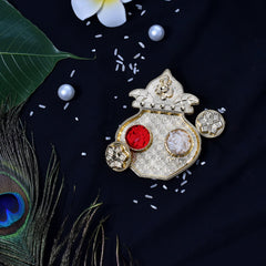 Morli Rakhi With Round And Beads Rakhi With Kalash Pooja Thali Set ,Silver Color Pooja Coin, Roli Chawal & Greeting Card