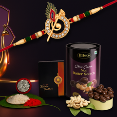 Designer Krishna Rakhi Gift Combo with Nut Butterscotch, Tilak Set, Coin & Greeting Card