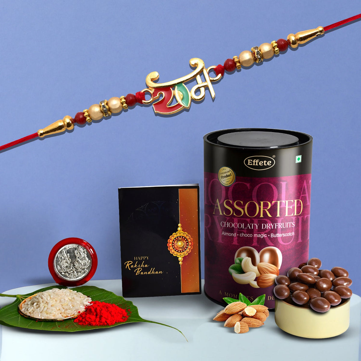 Ram Name Design With Red & Brown Beads With Effete Assorted Chocolate 96Gm ,Silver Color Pooja Coin, Roli Chawal & Greeting Card