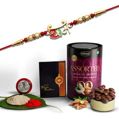 Ram Name Design With Red & Brown Beads With Effete Assorted Chocolate 96Gm ,Silver Color Pooja Coin, Roli Chawal & Greeting Card