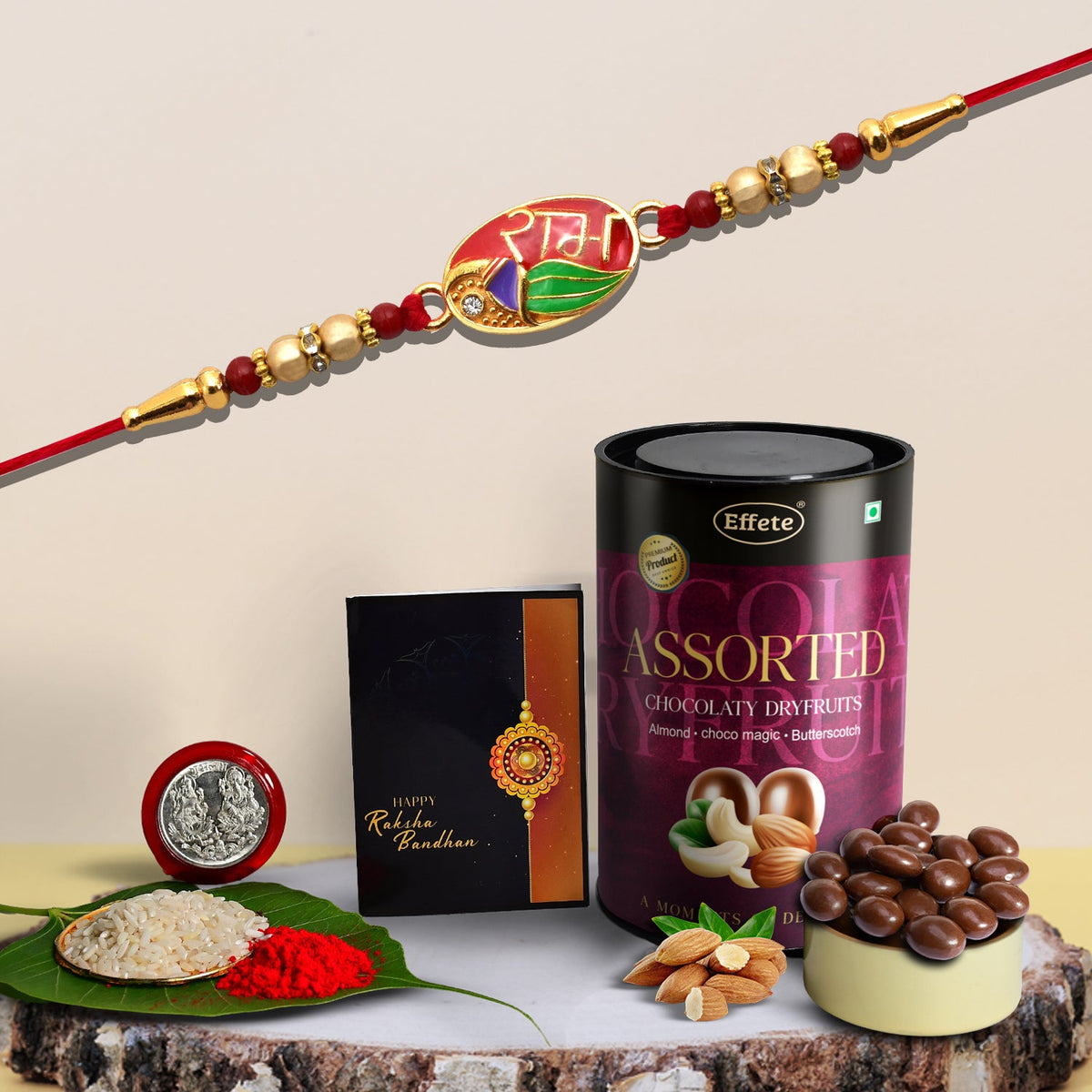 Oval Shape Ram Name Design With Effete Assorted Chocolate 96Gm ,Silver Color Pooja Coin, Roli Chawal & Greeting Card