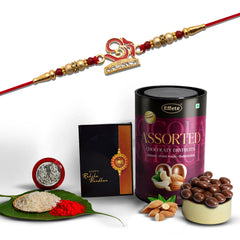 Om Design With Diamonds & Beads With Effete Assorted Chocolate 96Gm ,Silver Color Pooja Coin, Roli Chawal & Greeting Card
