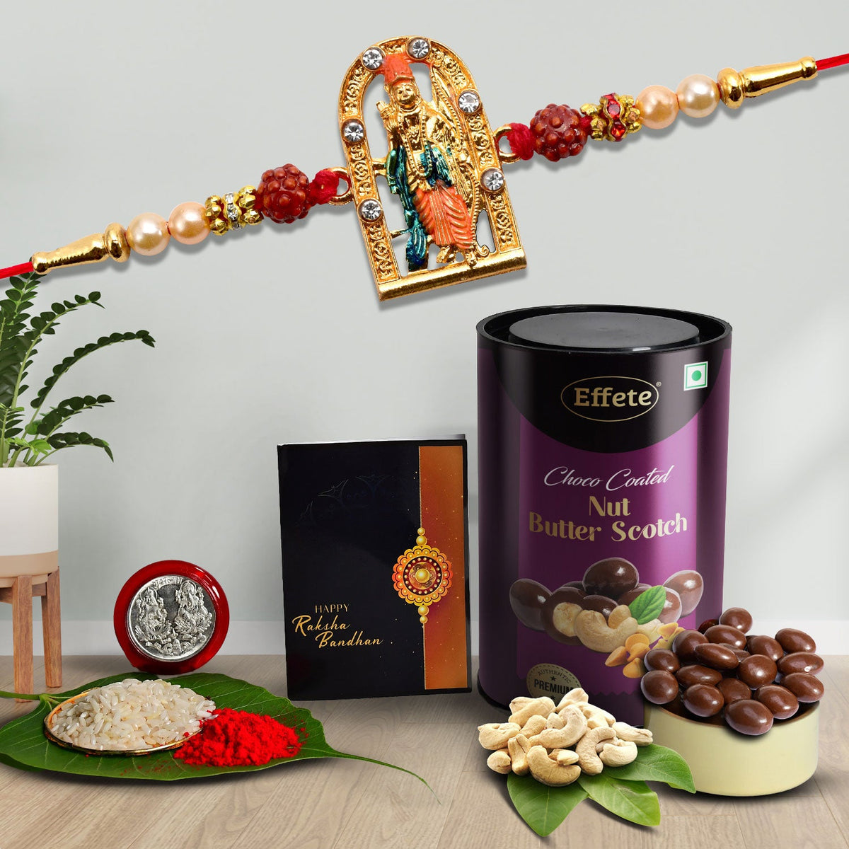 Shree Ram With Rudraksha Beads With Effete Butterscotch Chocolate 96Gm ,Silver Color Pooja Coin, Roli Chawal & Greeting Card