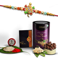 Tortoise Shape With Red & Green Mina With Effete Butterscotch Chocolate 96Gm ,Silver Color Pooja Coin, Roli Chawal & Greeting Card