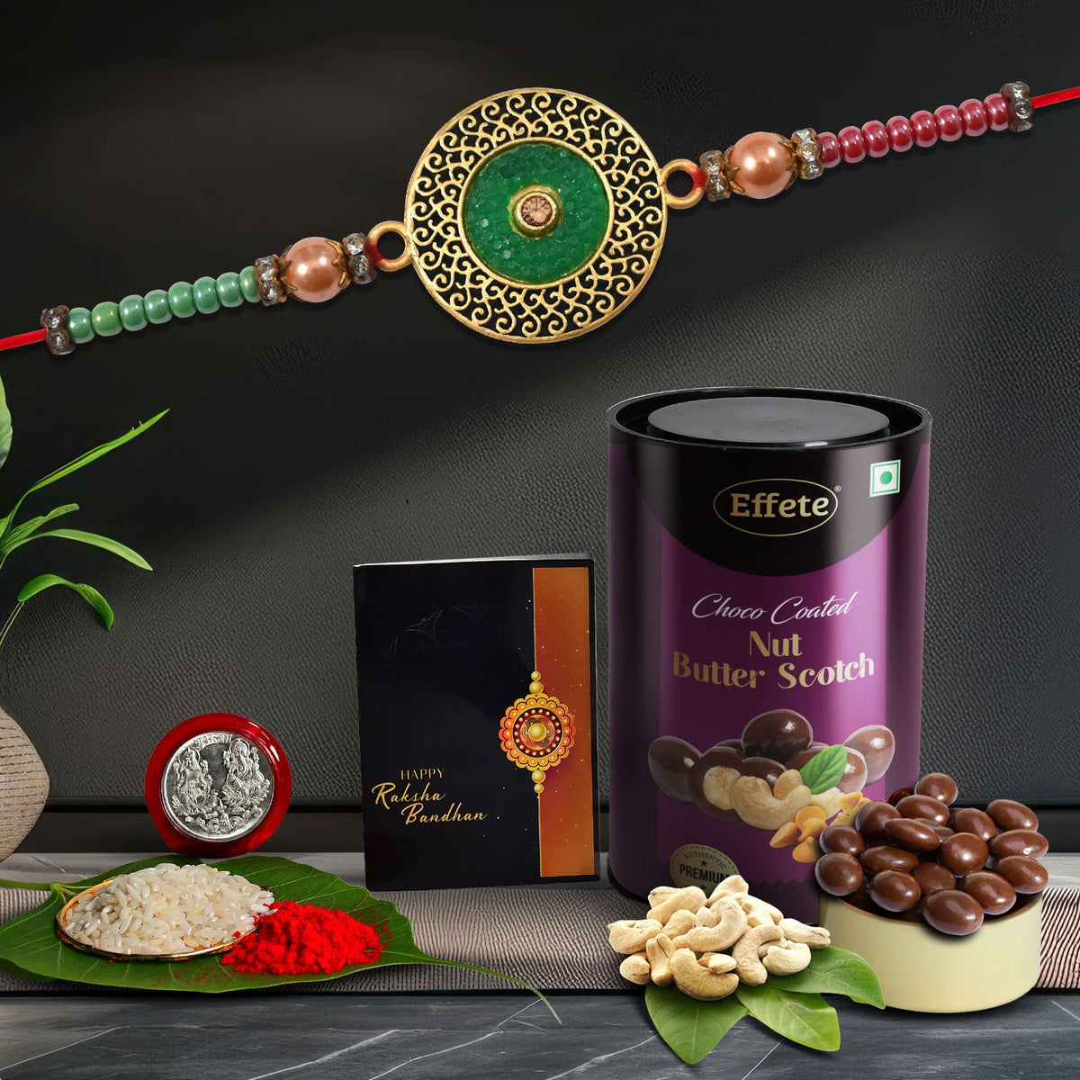 Green Circle Shape With Beads With Effete Butterscotch Chocolate 96Gm ,Silver Color Pooja Coin, Roli Chawal & Greeting Card