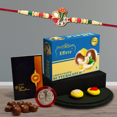 Om Design With Colorful Beads With Effete Butterscotch Chocolate 32Gm ,Silver Color Pooja Coin, Roli Chawal & Greeting Card