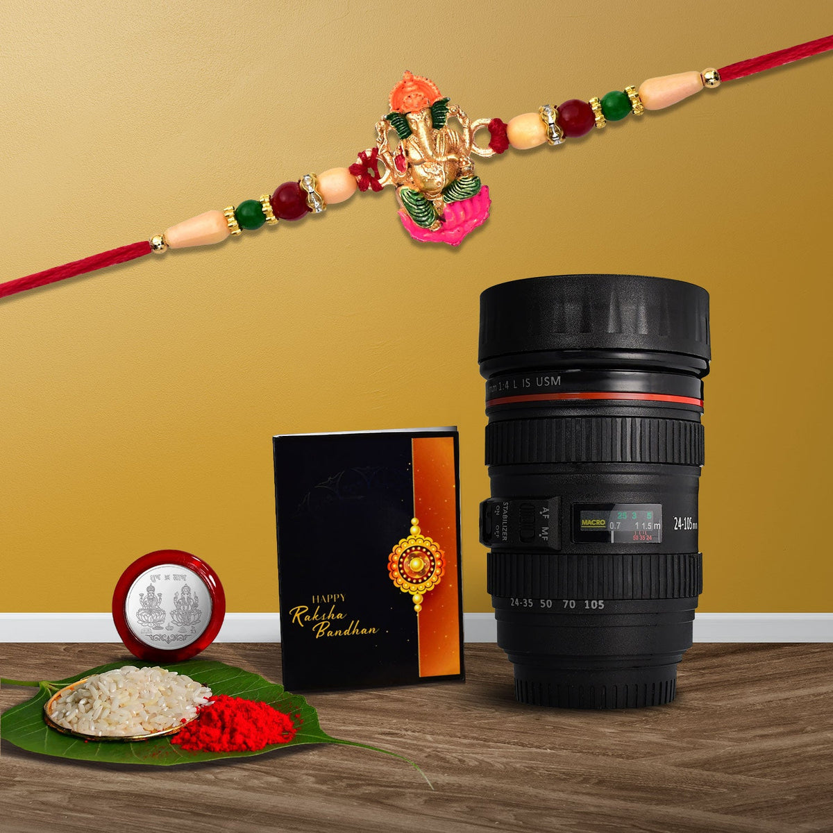 Lord Ganesha With Colorful Design And Beads With Coffee Camera Lense Mug ,Silver Color Pooja Coin, Roli Chawal & Greeting Card