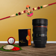 Lord Ganesha With Colorful Design And Beads With Coffee Camera Lense Mug ,Silver Color Pooja Coin, Roli Chawal & Greeting Card