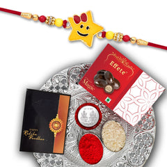 Smily Star Shape Kids Rakhi With Effete Magic Chocolate 32Gm With Pooja Thali ,Silver Color Pooja Coin, Roli Chawal & Greeting Card