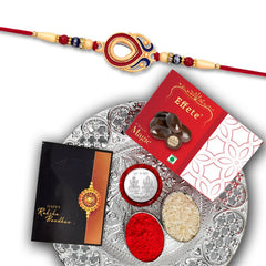 Golden Color Rakhi With Beads And Diamond With Effete Magic Chocolate 32Gm With Pooja Thali ,Silver Color Pooja Coin, Roli Chawal & Greeting Card