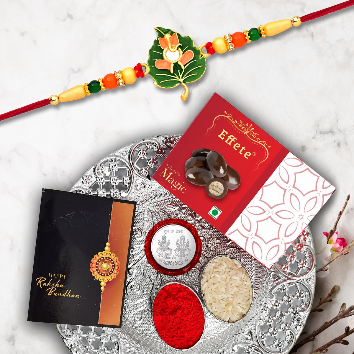 Rakhi Combo with Ganesh Rakhi, Puja Thali, Roli Chawal, Coin & Chocolates,Rakhi Gift Combo