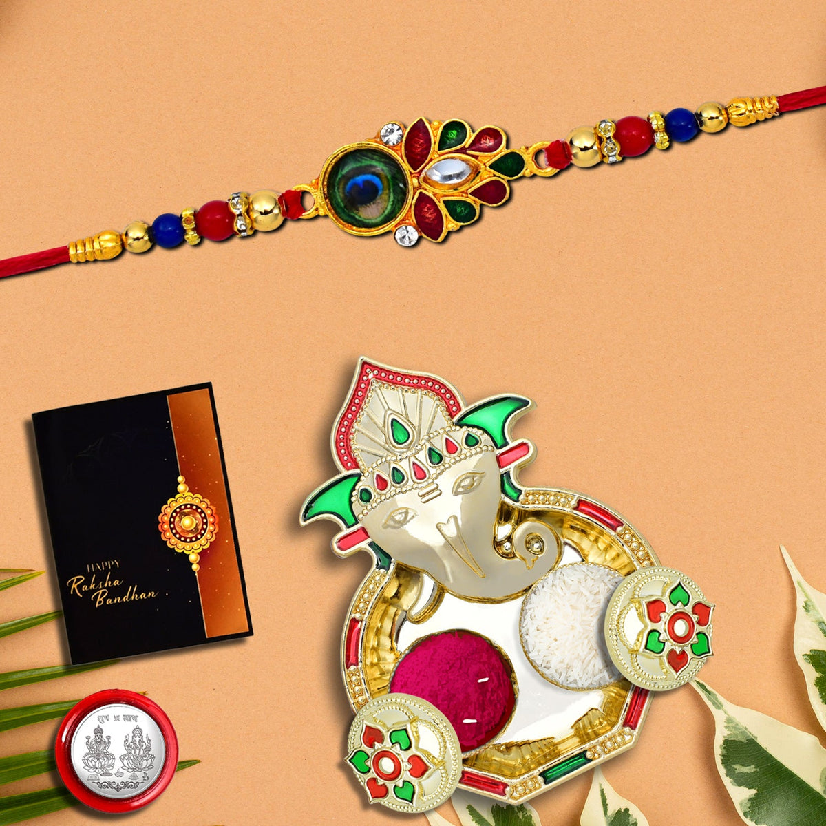 Morpichh Color Rakhi With Mina Work With Ganesha Pooja Thali Set ,Silver Color Pooja Coin, Roli Chawal & Greeting Card