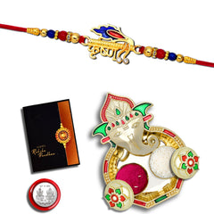 Krushna Rakhi With Morpichh With Ganesha Pooja Thali Set ,Silver Color Pooja Coin, Roli Chawal & Greeting Card
