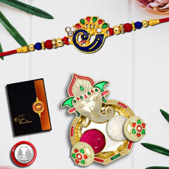 Mor With Colorful Mina Traditional Look With Ganesha Pooja Thali Set ,Silver Color Pooja Coin, Roli Chawal & Greeting Card