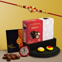 Flower Shape With Red & White Mina With Effete Magic Chocolate 32Gm ,Silver Color Pooja Coin, Roli Chawal & Greeting Card