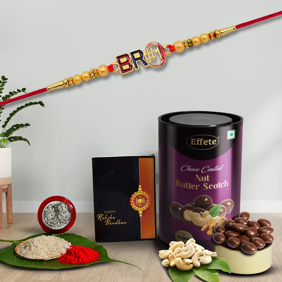 Green-Golden Circle Design With Effete Butterscotch Chocolate 96Gm ,Silver Color Pooja Coin, Roli Chawal & Greeting Card