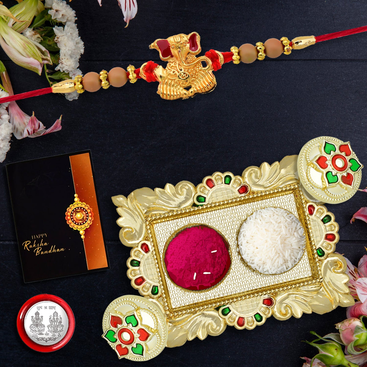 Ganesh With Beads Rakhi With Square Pooja Thali Set ,Silver Color Pooja Coin, Roli Chawal & Greeting Card