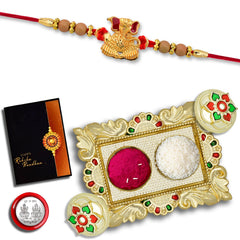 Ganesh With Beads Rakhi With Square Pooja Thali Set ,Silver Color Pooja Coin, Roli Chawal & Greeting Card