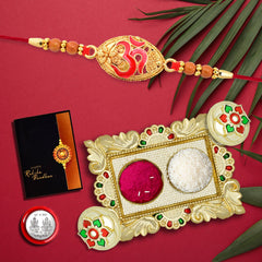 Om Rakhi With Oval Shape With Square Pooja Thali Set ,Silver Color Pooja Coin, Roli Chawal & Greeting Card