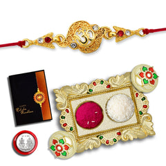 Om Rakhi With Diamonds And Traditional Look With Square Pooja Thali Set ,Silver Color Pooja Coin, Roli Chawal & Greeting Card