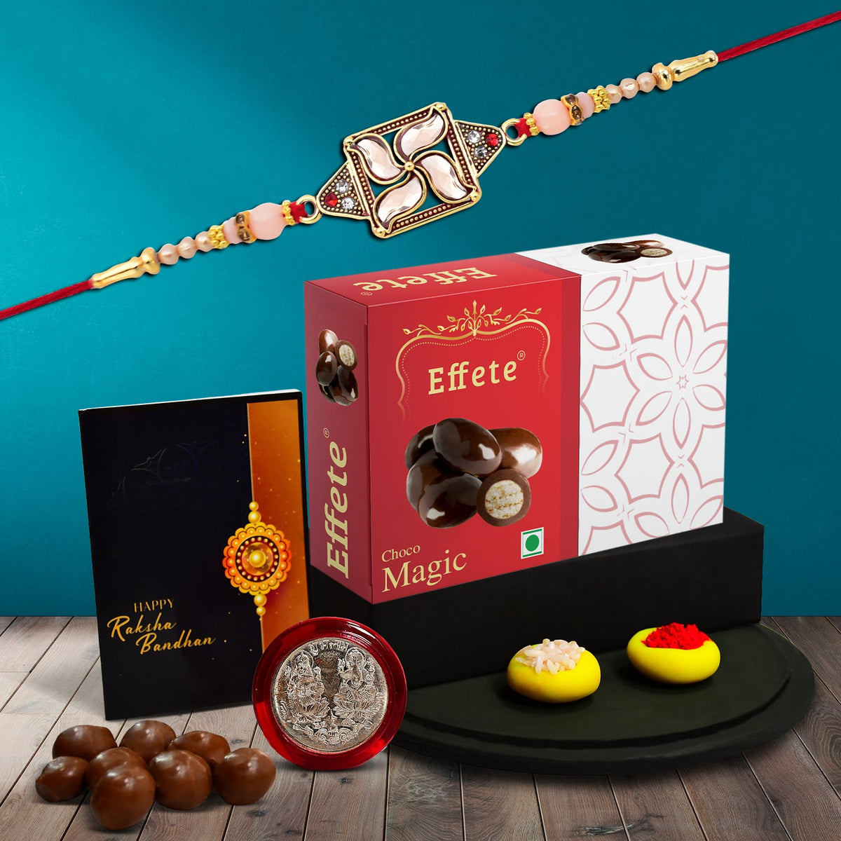 Satya In Square Shape With Beads With Effete Magic Chocolate 32Gm ,Silver Color Pooja Coin, Roli Chawal & Greeting Card