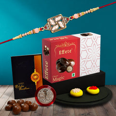 Satya In Square Shape With Beads With Effete Magic Chocolate 32Gm ,Silver Color Pooja Coin, Roli Chawal & Greeting Card