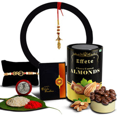 Red & Blue Mina With Diamond And Beads Rakhi With Effete Choco Almond Chocolate 96Gm ,Silver Color Pooja Coin, Roli Chawal & Greeting Card