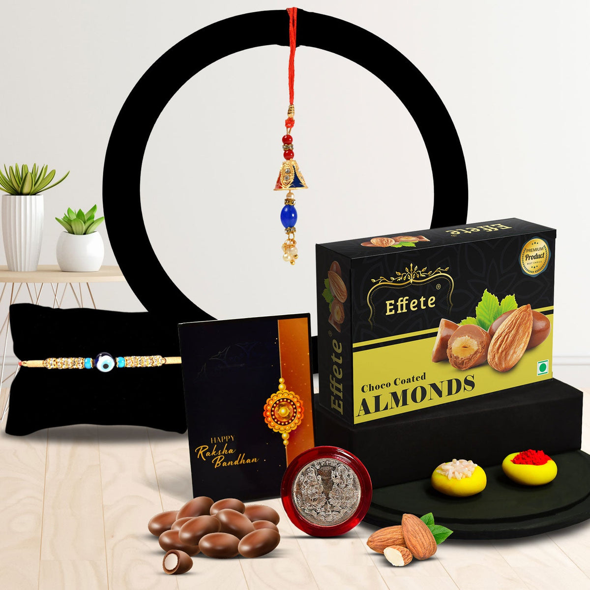 Traditional Design Diamond Rakhi With Effete Choco Almond Chocolate 32Gm ,Silver Color Pooja Coin, Roli Chawal & Greeting Card