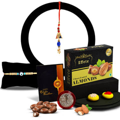Traditional Design Diamond Rakhi With Effete Choco Almond Chocolate 32Gm ,Silver Color Pooja Coin, Roli Chawal & Greeting Card