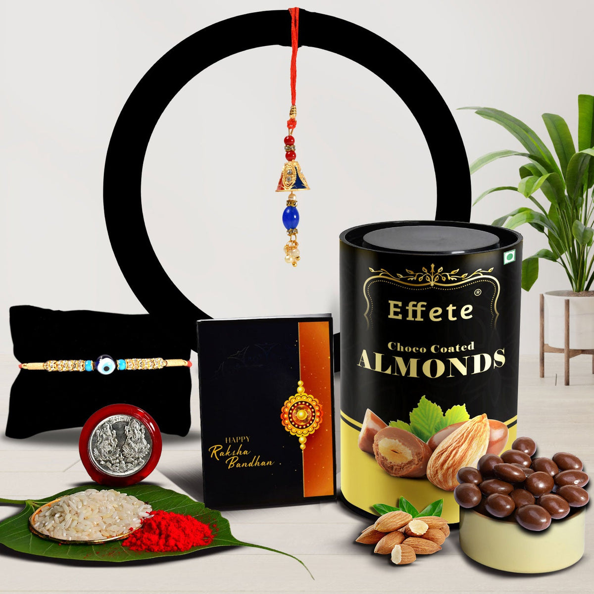 Traditional Design Diamond Rakhi With Effete Choco Almond Chocolate 96Gm ,Silver Color Pooja Coin, Roli Chawal & Greeting Card