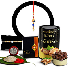 Traditional Design Diamond Rakhi With Effete Choco Almond Chocolate 96Gm ,Silver Color Pooja Coin, Roli Chawal & Greeting Card