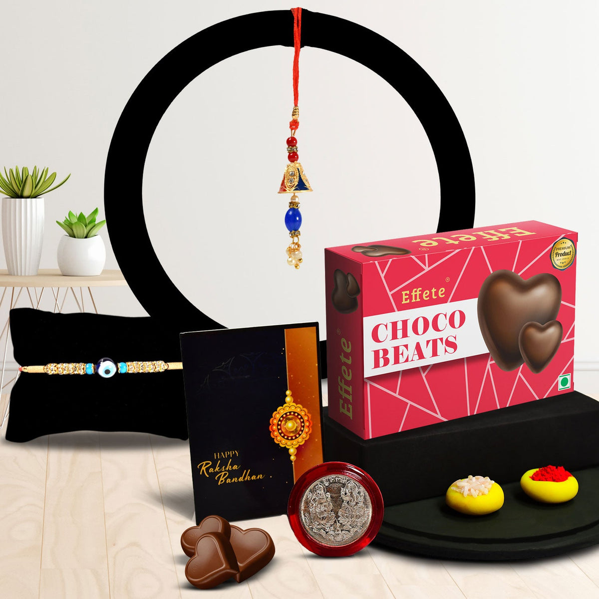 Traditional Design Diamond Rakhi With Effete Choco Beats Chocolate 32Gm ,Silver Color Pooja Coin, Roli Chawal & Greeting Card