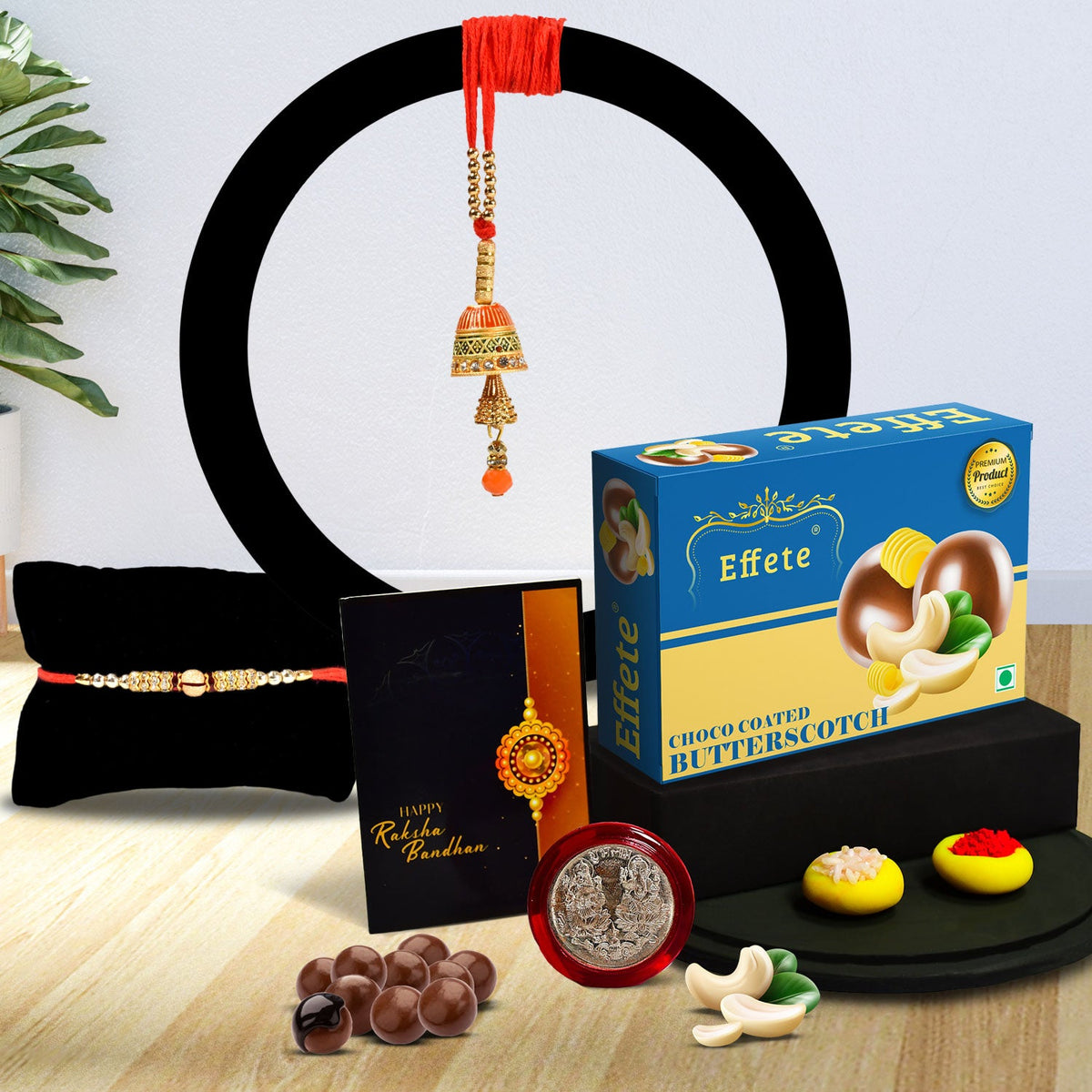 Traditional Rakhi With 3 Diamond With Effete Butterscotch Chocolate 32Gm ,Silver Color Pooja Coin, Roli Chawal & Greeting Card