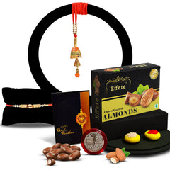 Traditional Rakhi With 3 Diamond With Effete Choco Almond Chocolate 32Gm ,Silver Color Pooja Coin, Roli Chawal & Greeting Card
