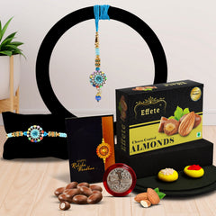 Flower Design With Diamond With Effete Choco Almond Chocolate 32Gm ,Silver Color Pooja Coin, Roli Chawal & Greeting Card