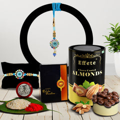 Flower Design With Diamond With Effete Choco Almond Chocolate 96Gm ,Silver Color Pooja Coin, Roli Chawal & Greeting Card