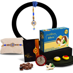 Square Traditional Rakhi With Diamond With Effete Butterscotch Chocolate 32Gm ,Silver Color Pooja Coin, Roli Chawal & Greeting Card