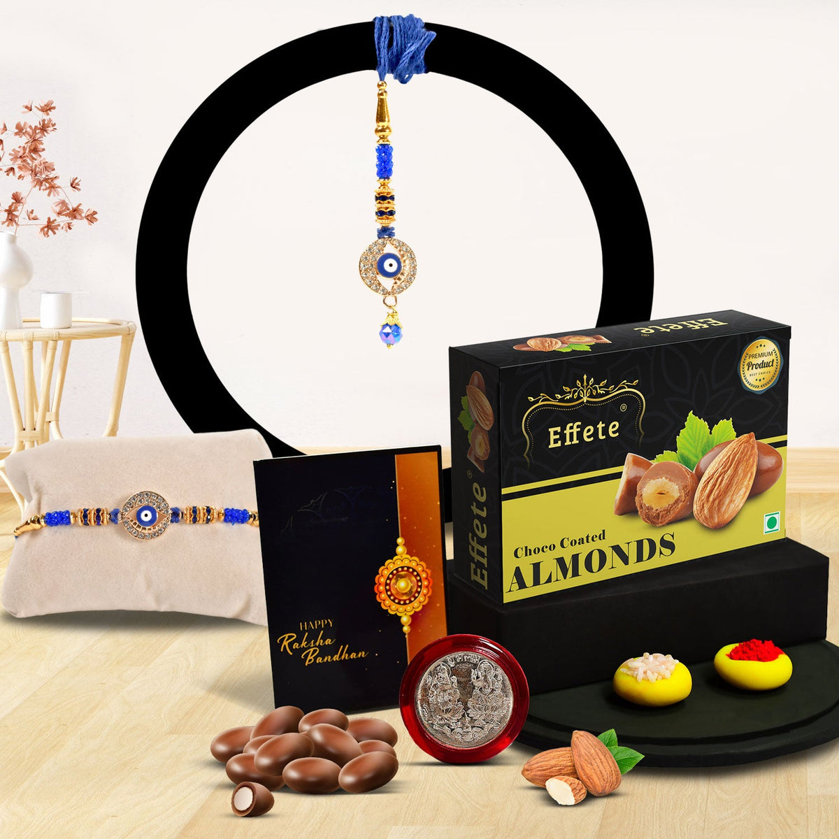 Square Traditional Rakhi With Diamond With Effete Choco Almond Chocolate 32Gm ,Silver Color Pooja Coin, Roli Chawal & Greeting Card