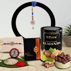 Square Traditional Rakhi With Diamond With Effete Choco Almond Chocolate 96Gm ,Silver Color Pooja Coin, Roli Chawal & Greeting Card