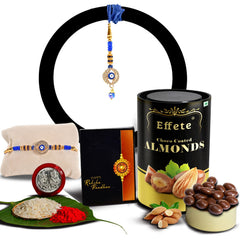 Square Traditional Rakhi With Diamond With Effete Choco Almond Chocolate 96Gm ,Silver Color Pooja Coin, Roli Chawal & Greeting Card