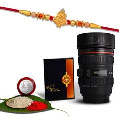 Ganesha Rakhi With Beads Work With Coffee Camera Lense Mug ,Silver Color Pooja Coin, Roli Chawal & Greeting Card