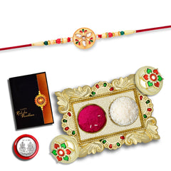 Kumbh Design Rakhi With Diamond With Square Pooja Thali Set ,Silver Color Pooja Coin, Roli Chawal & Greeting Card