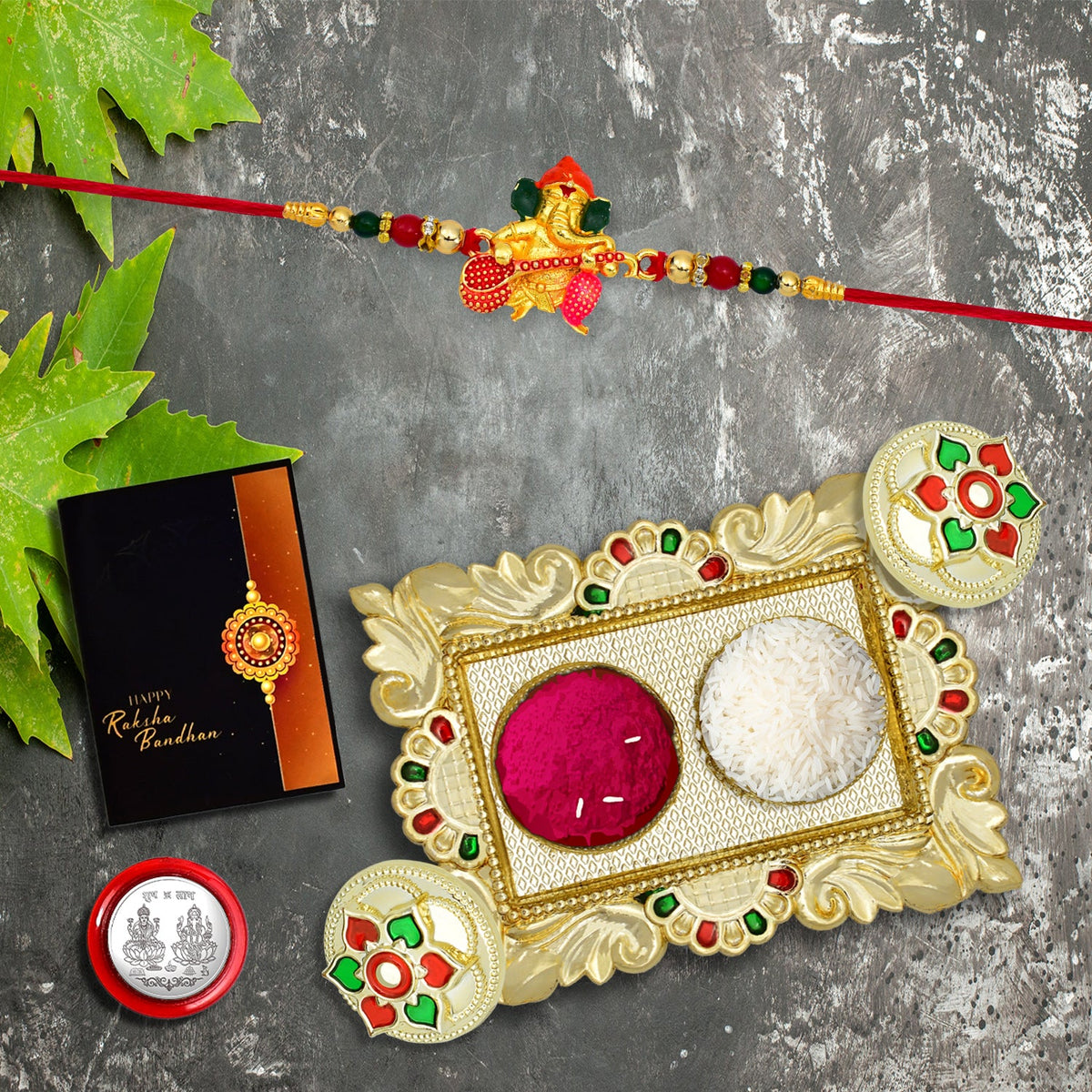 Diamond Rakhi With Red Mina Work With Square Pooja Thali Set ,Silver Color Pooja Coin, Roli Chawal & Greeting Card